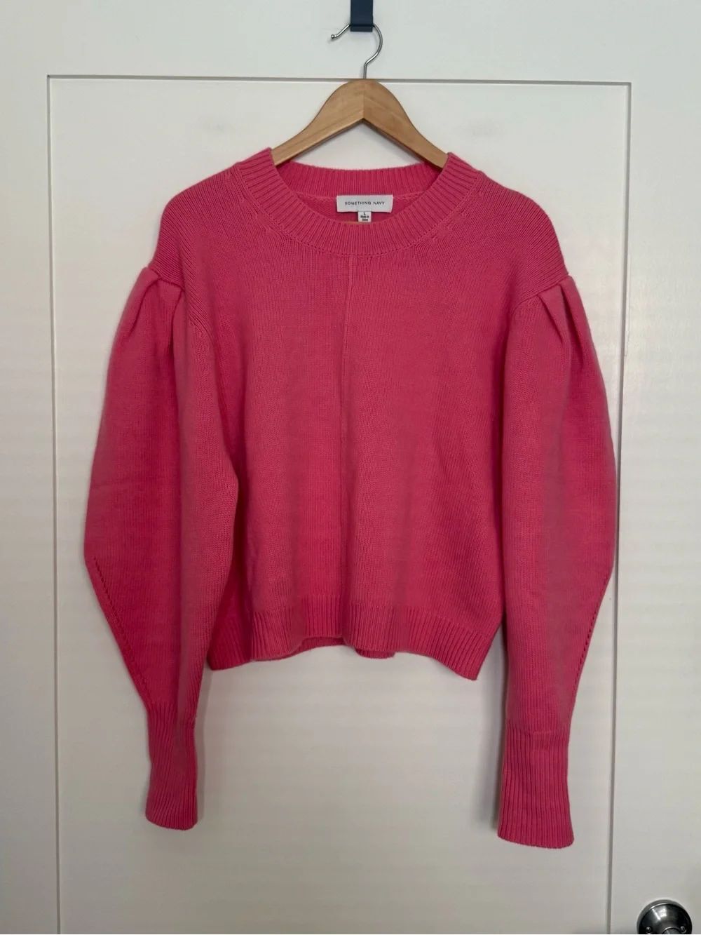 Something Navy Sweater Womens Sz L Pink Wool Cashmere Puff Sleeve Pullover Cozy